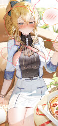 Rule 34 | 1girl, :&lt;, black shirt, blue eyes, blush, breasts, cleavage, closed mouth, collared shirt, couch, cowboy shot, food, genshin impact, hair between eyes, hand up, heart, high-waist skirt, high ponytail, highres, holding, holding food, holding pizza, indoors, jacket, jean (genshin impact), jean (pizza alvolo) (genshin impact), large breasts, nose blush, on floor, pencil skirt, pizza, pizza box, revealing layer, shirt, sidelocks, sitting, skirt, sleeve cuffs, solo, spoken blush, syandega, twitter username, white jacket, white skirt, wristlet