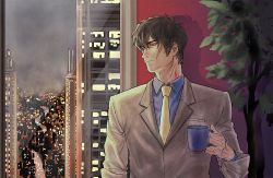Rule 34 | 1boy, black hair, city lights, cup, formal, indoors, kekkai sensen, kinchi, looking to the side, male focus, manly, mug, necktie, plant, red eyes, scar, shadow, solo, steven a. starphase, suit, yellow necktie
