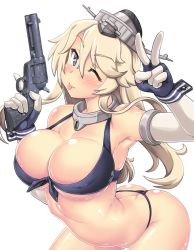 10s 1girl arched_back ass bare_shoulders blonde_hair blue_eyes blush breasts butt_crack cleavage detached_sleeves elbow_gloves female_focus front-tie_top gloves gun hair_between_eyes handgun hase_yu iowa_(kancolle) kantai_collection large_breasts leaning_forward looking_at_viewer one_eye_closed revolver shiny_skin skindentation solo star-shaped_pupils star_(symbol) symbol-shaped_pupils thighs thong tongue tongue_out v weapon