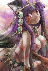 Rule 34 | 1girl, animal ears, bad id, bad pixiv id, bastet (p&amp;d), blunt bangs, breasts, cat ears, colored eyelashes, facial tattoo, fangs, gekka no aibyoushin bastet, headdress, jewelry, large breasts, long hair, looking at viewer, necklace, nipples, purple hair, puzzle &amp; dragons, red eyes, slit pupils, solo, tattoo, very long hair, yohane