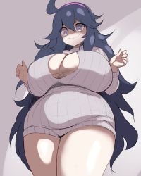 Rule 34 | 1girl, @ @, absurdres, ahoge, alternate breast size, artyom, breasts, cleavage, creatures (company), game freak, hairband, hex maniac (pokemon), highres, huge breasts, messy hair, nintendo, plump, pokemon, pokemon xy, purple hairband, solo, thick thighs, thighs, wide hips
