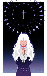 Rule 34 | 1girl, artist name, caren hortensia, catholic, character name, closed eyes, cross, fate/hollow ataraxia, fate (series), gradient background, habit, hal (haaaalhal), highres, long hair, long sleeves, nun, own hands together, praying, signature, solo, upper body, white hair