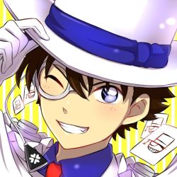 Rule 34 | 1boy, blue eyes, blue shirt, brown hair, cape, card, close-up, gloves, grin, hair between eyes, hand on headwear, hat, kaitou kid, kuroba kaito, looking at viewer, magic kaito, male focus, monocle, necktie, one eye closed, red necktie, sekina, shirt, smile, solo, top hat, white gloves, white hat, yellow background