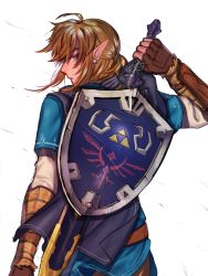 Rule 34 | 1boy, blonde hair, blue eyes, bow, drawing sword, earrings, fingerless gloves, gloves, highres, holding, holding sword, holding weapon, hylian shield, jewelry, link, looking back, master sword, nintendo, ponytail, shield, shield on back, shuzukipai, sword, the legend of zelda, the legend of zelda: breath of the wild, tunic, weapon, white background, wind