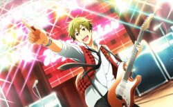 Rule 34 | 1boy, akiyama hayato, black necktie, bracelet, buttons, electric guitar, fingernails, glint, green hair, guitar, hair between eyes, highres, holding, holding plectrum, idolmaster, idolmaster side-m, idolmaster side-m live on stage!, instrument, jewelry, microphone, microphone stand, necktie, official art, plaid, plaid vest, plectrum, pointing, red vest, smile, stage, stage lights, teeth, third-party source, upper teeth only, vest
