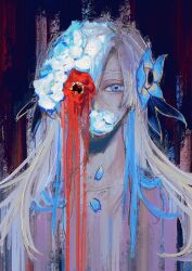 Rule 34 | 1girl, abstract, anemone (flower), black background, blue eyes, blue flower, blue hair, blue petals, covered mouth, expressionless, flower, flower over eye, grey hair, hair flower, hair ornament, highres, isekai joucho, kamitsubaki studio, looking at viewer, multicolored background, multicolored hair, nude, one eye covered, painterly, petals in mouth, portrait, red flower, solo, streaked hair, ume (ume xxoo), virtual youtuber