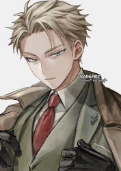 Rule 34 | 1boy, artist name, bishounen, black gloves, blazer, blonde hair, brooch, brown jacket, collared shirt, forehead, gloves, green eyes, jacket, jewelry, kadeart, looking at viewer, male focus, necktie, parted bangs, parted lips, pocket square, red necktie, shirt, short hair, simple background, solo, spiked hair, spy x family, twilight (spy x family), upper body, vest, white background