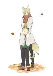 Rule 34 | 2boys, aged down, animal ears, autumn leaves, black eyes, black pants, blonde hair, blue eyes, blush, brown footwear, commentary, curly eyebrows, eeyasu (samarian), facial hair, fox boy, fox ears, fox tail, green hair, green sweater, hair over one eye, hands in pockets, hug, hug from behind, leaf, light smile, long bangs, looking at another, looking down, looking up, male focus, meme attire, multiple boys, mustache stubble, one piece, open-chest sweater, pants, plaid, plaid scarf, roronoa zoro, sanji (one piece), scarf, shoes, short hair, smile, stubble, sweater, tail, tail wrap, tiger boy, tiger ears, tiger tail, white background