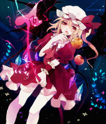 Rule 34 | 1girl, apple, bad id, bad pixiv id, blonde hair, female focus, flandre scarlet, food, fruit, hat, laevatein, long hair, natsuiro xx, red eyes, side ponytail, skirt, skirt set, solo, thighhighs, tongue, tongue out, touhou, white thighhighs, wrist cuffs