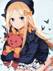 Rule 34 | 1girl, abigail williams (fate), black bow, black hat, blonde hair, blue eyes, bow, bug, butterfly, fate/grand order, fate (series), floating hair, hair bow, hat, highres, holding, holding stuffed toy, insect, long hair, long sleeves, looking at viewer, multiple hair bows, orange bow, parted bangs, parted lips, polka dot, polka dot bow, shorts, sleeves past fingers, sleeves past wrists, solo, stuffed animal, stuffed toy, suzumo70, teddy bear, very long hair, white shorts