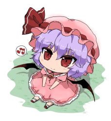 Rule 34 | 1girl, bad id, bad pixiv id, bat wings, beamed eighth notes, blush, bobby socks, brooch, chibi, dress, frills, from above, full body, grass, hat, hat ribbon, jewelry, light blush, looking at viewer, mob cap, musical note, noai nioshi, pink dress, pink hat, purple hair, red eyes, red footwear, red ribbon, remilia scarlet, ribbon, short hair, short sleeves, sitting, smile, socks, solo, spoken musical note, touhou, white background, white socks, wings