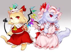Rule 34 | 2girls, :&lt;, :3, animal, animalization, bow, cat, chamaruk, closed mouth, clothed animal, commentary request, fingernails, flandre scarlet, frilled sleeves, frills, half-closed eyes, hat, light purple hair, looking at viewer, mob cap, multiple girls, nail polish, no eyebrows, pink hat, pink wings, purple fur, red bow, red eyes, red nails, remilia scarlet, sharp fingernails, short sleeves, slit pupils, touhou, translation request, wings, yellow neckwear