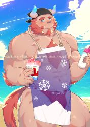 Rule 34 | 1boy, abs, absurdres, apron, arm hair, bara, bare pectorals, beach, beard, bulge, chernobog (housamo), chest hair, chest tuft, cloud, cloudy sky, cup, day, facial hair, fang, food, forked eyebrows, furry, furry male, goatee, highres, holding, holding cup, ice cream, large pectorals, male focus, male swimwear, minotaur, muscular, muscular male, navel, navel hair, nipples, paid reward available, pectorals, pink fur, purple apron, red male swimwear, see-through, short hair, sky, smile, solo, stomach, sun, swim briefs, tail, thick eyebrows, thick thighs, thighs, tokyo houkago summoners, yuufreak