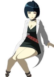 Rule 34 | 10s, 1girl, artist request, bare legs, belt, blue hair, bowl cut, breasts, brown eyes, choker, cleavage, collar, cowboy shot, dress, highres, jewelry, lab coat, long sleeves, looking at viewer, medium breasts, nail polish, necklace, persona, persona 5, red nails, short hair, simple background, solo, source request, strappy heels, studded collar, takemi tae, white background