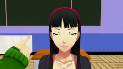 Rule 34 | 20s, 2girls, 3d, amagi yukiko, animated, animated gif, atlus, black eyes, black hair, black shirt, blinking, chalkboard, classroom, collarbone, desk, face, female focus, green jacket, hairband, happy, hypnosis, indoors, interior, jacket, jewelry, long hair, looking at viewer, looping animation, matching hair/eyes, megami tensei, mind control, multiple girls, necklace, out of frame, persona, persona 4, persona 4: dancing all night, persona dancing, rolling eyes, satonaka chie, school, shelf, shin megami tensei, shirt, short sleeves, sitting, smile, snapping fingers, source filmmaker (medium), trigger, viewfinder, vynil, waking up, watching