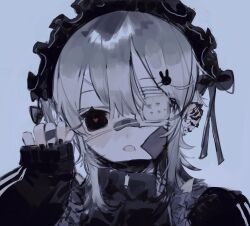 Rule 34 | 1girl, bandaid, bandaid on face, bandaid on nose, black bow, black eyes, black headwear, black jacket, black nails, bow, ear piercing, eyepatch, hair bow, hair ornament, heart, heart-shaped pupils, highres, jacket, jersey maid, kiu (why7b), long sleeves, looking at viewer, maid, maid headdress, medical eyepatch, open mouth, original, piercing, portrait, rabbit hair ornament, red pupils, solo, symbol-shaped pupils, track jacket, unconventional maid, white hair