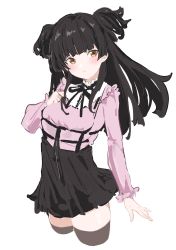 Rule 34 | 1girl, black hair, black ribbon, black skirt, black thighhighs, blunt bangs, blush, breasts, brown eyes, closed mouth, cropped legs, hand on own chest, highres, idolmaster, idolmaster shiny colors, long hair, long sleeves, mayuzumi fuyuko, medium breasts, neck ribbon, ocha (popopogg), ribbon, sidelocks, simple background, skirt, solo, thighhighs, two side up, white background