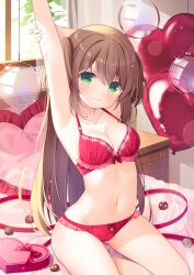 Rule 34 | 1girl, arm grab, armpits, arms up, balloon, bare arms, bare shoulders, bow, bow bra, bow panties, box, bra, breasts, brown hair, chocolate, closed mouth, commentary request, copyright request, day, frilled pillow, frills, green eyes, hair between eyes, heart, heart-shaped box, heart balloon, heart-shaped pillow, ikataruto, indoors, long hair, looking at viewer, medium breasts, navel, panties, pillow, red bra, red panties, smile, solo, two side up, underwear, underwear only, very long hair