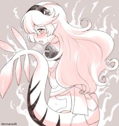 Rule 34 | 1girl, armor, aura, corrin (female) (fire emblem), corrin (fire emblem), dark aura, dragon tail, eromame, fire emblem, fire emblem fates, fire emblem heroes, grey background, hairband, long hair, nintendo, open mouth, pointy ears, simple background, solo, tail, twitter username, upper body