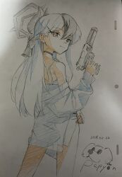 Rule 34 | 1girl, bare shoulders, black hair, blue archive, choker, colored pencil (medium), dress, earrings, gun, h&amp;k p30, halo, handgun, highres, holding, holding gun, holding weapon, horns, jacket, jewelry, kayoko (blue archive), kayoko (dress) (blue archive), light smile, long hair, looking at viewer, looking back, multicolored hair, off shoulder, open clothes, open jacket, papiyon1297, photo (medium), sketch, solo, suppressor, traditional media, two-tone hair, weapon, white hair