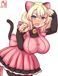 Rule 34 | 1girl, alternate costume, animal ears, apron, artist logo, back bow, bell, black dress, black pantyhose, blonde hair, blue eyes, blush, bow, braid, breasts, cardcaptor sakura, cat ears, cat tail, colorado (kancolle), cosplay, cowboy shot, dated, dress, embarrassed, frills, hair between eyes, jingle bell, kanon (kurogane knights), kantai collection, kinomoto sakura, kinomoto sakura (cosplay), large breasts, long sleeves, neck bell, one-hour drawing challenge, open mouth, pantyhose, pink apron, pink bow, short hair, side braids, simple background, solo, sweatdrop, tail, white background