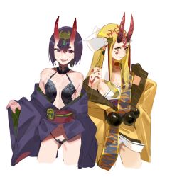 Rule 34 | 2girls, blonde hair, bob cut, cropped legs, eyeliner, facial mark, fate/grand order, fate (series), forehead mark, headpiece, hit-kun, horns, ibaraki douji (fate), japanese clothes, kimono, long hair, looking at viewer, makeup, multiple girls, off shoulder, oni, purple eyes, purple hair, purple kimono, revealing clothes, short eyebrows, short hair, short kimono, shuten douji (fate), simple background, sketch, skin-covered horns, smile, tattoo, white background, yellow eyes, yellow kimono