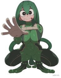 Rule 34 | 1girl, :p, absurdres, asui tsuyu, black eyes, blush, bodysuit, boku no hero academia, breasts, closed mouth, coffing, gloves, green bodysuit, green hair, grey gloves, hair between eyes, highres, impossible clothes, large breasts, long hair, looking at viewer, shiny clothes, simple background, skin tight, solo, spread legs, squatting, tongue, tongue out, white background