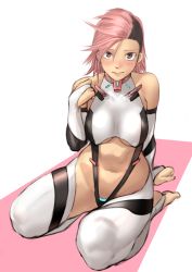 Rule 34 | 1girl, bare shoulders, blush, breasts, brown eyes, buzz cut, closed mouth, commentary request, hand up, highleg, highres, kilye kairi, large breasts, looking at viewer, navel, original, pink hair, seiza, short hair, simple background, sitting, solo, tagme, thighhighs, underboob, very short hair, white background, white thighhighs