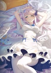Rule 34 | 1girl, absurdres, blue archive, blush, capelet, dress, flower, frilled dress, frills, hair bun, hair flower, hair ornament, halo, highres, long hair, looking at viewer, mika (blue archive), open mouth, pantyhose, pink hair, pink halo, purple flower, purple scrunchie, rice rabbit22, scrunchie, single side bun, smile, solo, white capelet, white dress, white pantyhose, wrist scrunchie, yellow eyes