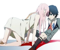 Rule 34 | 10s, 1boy, 1girl, black hair, blue eyes, couple, darling in the franxx, face-to-face, highres, hiro (darling in the franxx), horns, leje39, long hair, looking at viewer, military, military uniform, necktie, nightgown, open clothes, pink hair, red neckwear, scarf, short hair, sitting, uniform, white nightgown, zero two (darling in the franxx)