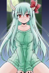 Rule 34 | 1girl, akou roushi, alternate costume, blush, bottomless, breasts squeezed together, breasts, ex-keine, fang, female focus, full moon, green hair, green shirt, horn ornament, horn ribbon, horns, kamishirasawa keine, long hair, moon, naked sweater, no pants, red eyes, revision, ribbed sweater, ribbon, shirt, smile, solo, spread legs, sweater, touhou