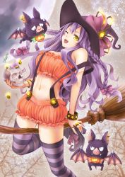 Rule 34 | 1girl, absurdres, aimori meguru, bare shoulders, bare tree, bat wings, bloomers, bow, bracelet, braid, breasts, broom, candy, cleavage, coin, commentary, fang, flying, food, hair between eyes, hair ribbon, halloween, hat, highres, jack-o&#039;-lantern, jewelry, large breasts, long hair, midriff, moon, nail polish, navel, one eye closed, open mouth, original, puffy pants, pumpkin, purple bow, purple hair, purple nails, ribbon, ring, skull, solo, strap, strapless, striped clothes, striped thighhighs, thighhighs, thighs, tree, tube top, underwear, wavy hair, wings, witch, witch hat, yellow eyes, yellow ribbon