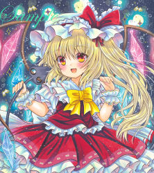 Rule 34 | 1girl, :d, back bow, blonde hair, bow, bowtie, collared shirt, cowboy shot, crystal, dark background, fang, flandre scarlet, frilled ribbon, frilled shirt collar, frilled skirt, frills, hat, hat ribbon, holding, holding wand, laevatein (touhou), long hair, looking at viewer, marker (medium), mob cap, open mouth, puffy short sleeves, puffy sleeves, red eyes, red ribbon, red skirt, red vest, ribbon, ribbon-trimmed skirt, ribbon trim, rui (sugar3), sample watermark, shirt, short sleeves, side ponytail, skin fang, skirt, skirt set, smile, solo, touhou, traditional media, vest, wand, watermark, white bow, white hat, white shirt, wings, yellow bow, yellow bowtie