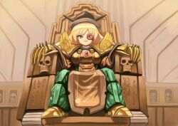 Rule 34 | 1girl, :d, armor, armored boots, blonde hair, boots, chinese clothes, claw (weapon), commission, cosplay, emperor of mankind, emperor of mankind (cosplay), full body, gold, grin, highres, long hair, long sleeves, looking at viewer, matara okina, open mouth, profitshame, sitting, skull ornament, smile, solo, teeth, throne, touhou, warhammer 40k, weapon, yellow eyes