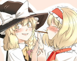 Rule 34 | 2girls, alice margatroid, bad id, bad pixiv id, blonde hair, blush, bow, bowtie, food, hat, hat bow, kirisame marisa, mouth hold, multiple girls, necktie, pocky, pocky kiss, red necktie, shared food, sharing food, shino (r shughart), short sleeves, smile, touhou, upper body, white bow, witch hat, yellow bow, yellow bowtie, yuri