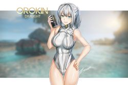 Rule 34 | 1girl, alcohol, armpits, beach, beer, blue eyes, blue sky, blurry, blurry background, breasts, can, cloud, commentary, covered collarbone, cowboy shot, cup, depth of field, excalibur (warframe), excalibur prime (warframe), genderswap, genderswap (mtf), gluteal fold, hair between eyes, hair ornament, halterneck, hand on own hip, hand up, hip focus, holding, holding can, holding cup, humanization, large breasts, legs together, letterboxed, light smile, long hair, looking at viewer, multicolored clothes, one-piece swimsuit, outdoors, outside border, parted bangs, parted lips, personification, ponytail, shiny skin, short ponytail, sidelocks, signature, simple background, skin tight, sky, smile, solo, standing, sun, sunset, swimsuit, thighs, turtleneck, warframe, water, wet, white hair, white one-piece swimsuit, zxpfer