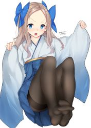 Rule 34 | 1girl, asakaze (kancolle), black pantyhose, blue bow, blue eyes, bow, brown hair, dated, feet, hair bow, highres, japanese clothes, kantai collection, long hair, looking at viewer, meiji schoolgirl uniform, nebusoku, no shoes, open mouth, pantyhose, simple background, sitting, solo, thighband pantyhose, twitter username, white background