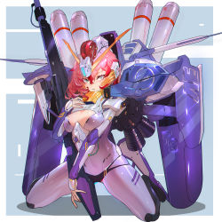 Rule 34 | 1girl, absurdres, blush, bodysuit, breasts, cleavage, ex-s gundam, grandia lee, green eyes, gundam, gundam sentinel, headgear, highres, holding, holding weapon, logo, looking at viewer, mecha musume, medium breasts, parted lips, personification, pink hair, seiza, short hair, sitting, solo, thighs, thrusters, weapon