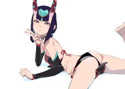 Rule 34 | 1girl, ass, bare shoulders, chinese clothes, detached sleeves, dudou, eyeliner, fate/grand order, fate (series), hair ornament, kiriyama, looking at viewer, lying, makeup, on stomach, oni, parted lips, purple eyes, purple hair, revealing clothes, shuten douji (fate), shuten douji (fate/grand order), shuten douji (halloween caster) (fate), solo, spread legs, white background