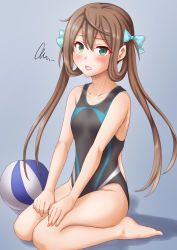Rule 34 | 1girl, alternate costume, anti (untea9), asagumo (kancolle), ball, bare legs, beachball, black one-piece swimsuit, brown hair, competition swimsuit, gradient background, green eyes, grey background, hair between eyes, hair ribbon, highres, kantai collection, long hair, looking at viewer, one-piece swimsuit, open mouth, ribbon, shadow, sitting, solo, swimsuit, twintails, twitter username, wariza