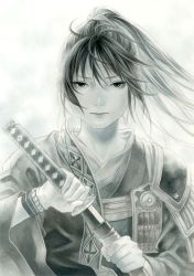 Rule 34 | acrylic paint (medium), androgynous, armor, closed mouth, commentary request, gender request, high ponytail, highres, holding, holding sword, holding weapon, japanese armor, japanese clothes, katana, kimono, long hair, long sleeves, looking at viewer, muted color, original, painting (medium), scar, scar on face, sheath, shoulder armor, sode, solo, suijyo ai, sword, traditional media, unsheathing, upper body, weapon, wide sleeves, wristband