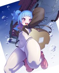 Rule 34 | 1girl, air bubble, arms up, azur lane, bikini, blue hair, blunt bangs, blush, breasts, brown jacket, bubble, coariouse, colored inner hair, cross, full body, highres, iron cross, jacket, long sleeves, looking at viewer, medium hair, multicolored hair, navel, o-ring, o-ring bottom, open mouth, pink footwear, purple hair, red eyes, revealing clothes, rigging, small breasts, smile, solo, stomach, swimsuit, two side up, u-556 (azur lane), underboob, white bikini