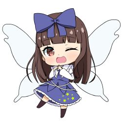 Rule 34 | 1girl, ;d, blue bow, blue dress, bow, brown eyes, brown hair, chibi, commentary request, crys (dai), dress, fairy wings, frilled shirt collar, frills, full body, hair bow, hands up, highres, juliet sleeves, light blush, long hair, long sleeves, looking at viewer, one eye closed, open mouth, puffy sleeves, smile, solo, standing, standing on one leg, star (symbol), star print, star sapphire, steepled fingers, touhou, transparent background, wings