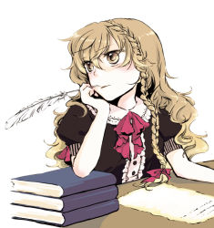 Rule 34 | 1girl, blonde hair, book, braid, feathers, female focus, kirisame marisa, long hair, quill, simple background, sitting, solo, touhou, upper body, white background, writing, yellow eyes, yonu (nyonu), yonu (yonurime)