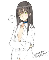 Rule 34 | 10s, 1girl, 2015, bad id, bad twitter id, black hair, blush, breasts, character name, cleavage, collar, collarbone, dated, dress shirt, earrings, green eyes, idolmaster, idolmaster cinderella girls, inactive account, jewelry, long hair, ooyari ashito, shibuya rin, shirt, signature, simple background, sketch, sleeves past wrists, small breasts, solo, spoken blush, unbuttoned, white background, wing collar