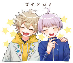 Rule 34 | 2boys, :d, ^ ^, ahoge, blonde hair, blue jacket, blush, closed eyes, commentary request, cropped torso, desuhiko thunderbolt, facing viewer, hair between eyes, hand on another&#039;s shoulder, hand up, happy, hood, hood down, hoodie, jacket, long sleeves, male focus, master detective archives: rain code, momo (momo 2muco), multiple boys, open mouth, purple hair, short hair, smile, star (symbol), teeth, translation request, upper body, upper teeth only, white background, white jacket, yellow hoodie, yuma kokohead