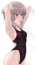 Rule 34 | 1girl, armpits, arms behind head, black one-piece swimsuit, blush, breasts, collarbone, commentary request, competition swimsuit, covered navel, cowboy shot, girls und panzer, green eyes, highres, itsumi erika, kuzuryuu kennosuke, long hair, one-piece swimsuit, open mouth, sideboob, simple background, small breasts, solo, swimsuit, wet, white background, white hair