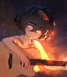 Rule 34 | 1girl, blind girl (popopoka), borrowed character, collared shirt, commentary, crossed bangs, english commentary, freckles, gradient background, grey eyes, guitar, hair between eyes, highres, holding, holding instrument, instrument, klare (klarendawn), leaf, leaf on head, looking at viewer, multicolored background, neck ribbon, orange ribbon, original, ribbon, shirt, short hair, sitting, solo