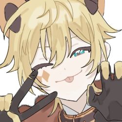 Rule 34 | 0211nami, 1boy, :3, animal ears, belt collar, black gloves, blonde hair, cat boy, cat ears, collar, facial tattoo, gloves, kagamine len, lowres, magical mirai (vocaloid), magical mirai len, magical mirai len (2019), male focus, one eye closed, portrait, short hair, simple background, solo, tattoo, tongue, tongue out, vocaloid, white background