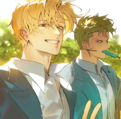Rule 34 | 2boys, blonde hair, blue jacket, day, earrings, eating, food, food in mouth, green hair, holding, holding food, jacket, jewelry, looking at viewer, male focus, multiple boys, one piece, outdoors, popsicle, popsicle in mouth, popsicle stick, roronoa zoro, runa (nori31291404), sanji (one piece), shirt, short hair, sideburns, smile, teeth, upper body, v, white shirt